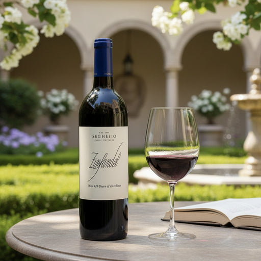 Seghesio Zinfandel wine bottle with a glass of red wine on a table outdoors.