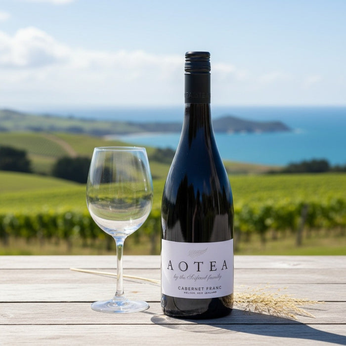 Bottle of Aotea Cabernet Franc wine with a glass on a wooden table in a vineyard setting.