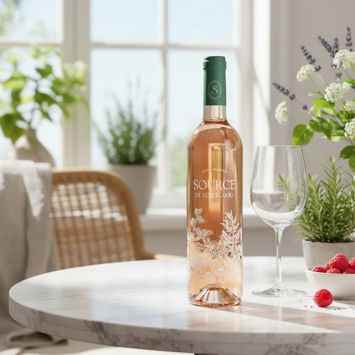 Bottle of Chateau d'Estoublon Source de Roseblood Provence Rose on a marble table with a glass and fruits in a bright room.