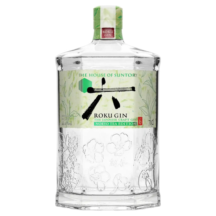 Roku Gin bottle with green label on a white background