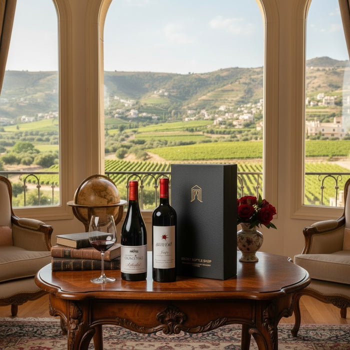Taste of Lebanon Red Wine Duo Gift Boxed on a wooden table with a scenic view of vineyards through large windows.