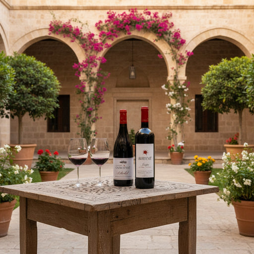 Taste of Lebanon Red Wine Duo with two glasses of red wine in a courtyard.