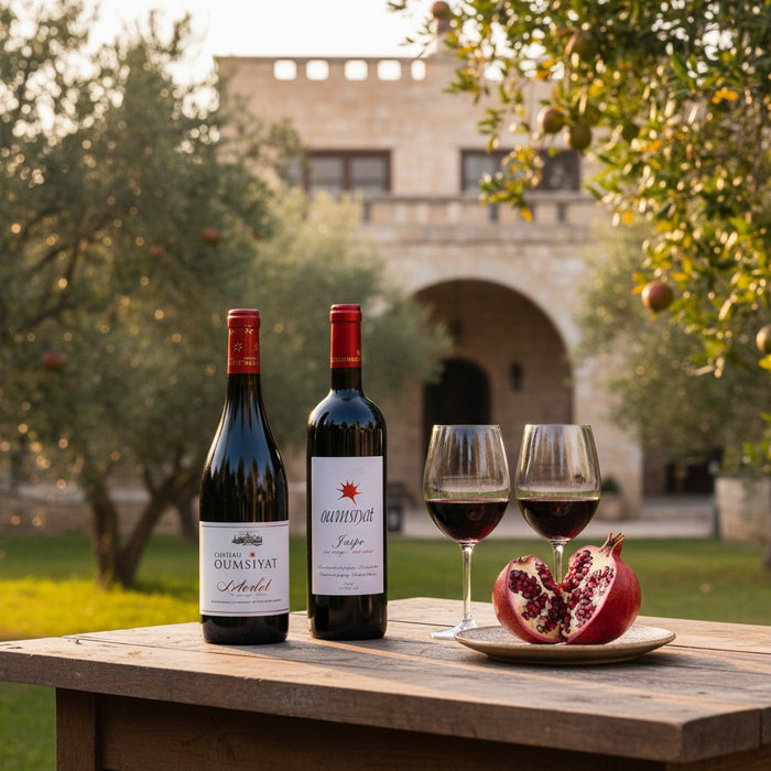 Two bottles of wine with two glasses and a pomegranate on a wooden table outdoors.