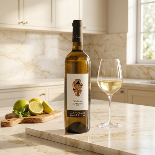 Tenuta Scuotto Campania Falanghina in the kitchen with a glass of white wine.
