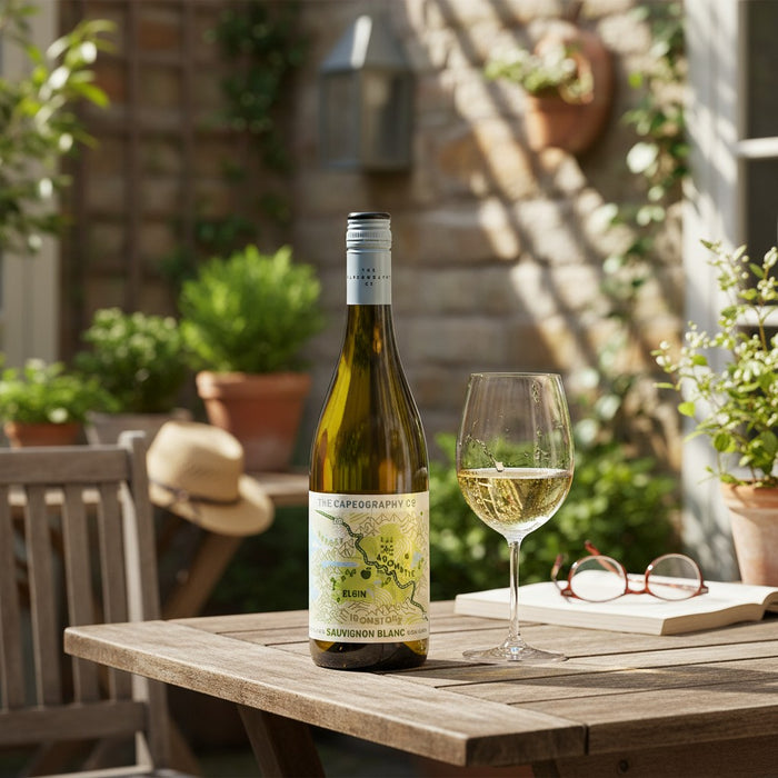 Bottle of white wine and a glass on a wooden table outdoors with plants and furniture in the background.