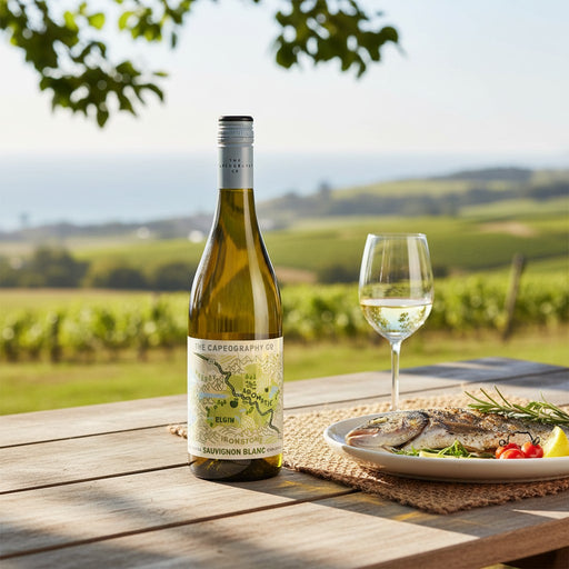 Bottle of white wine and glass on a table with a scenic vineyard background