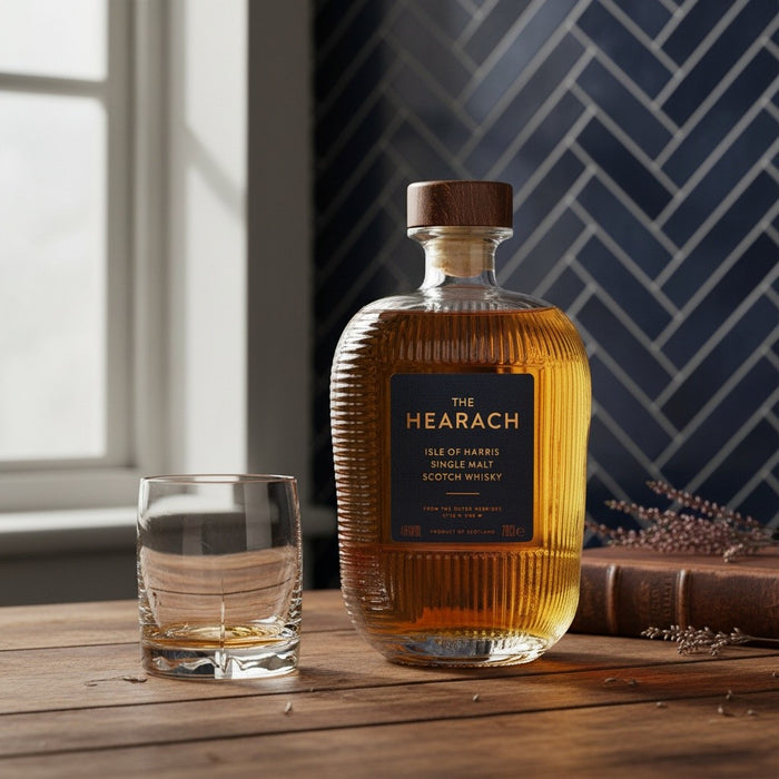 Bottle of The Hearach Isle of Harris Single Malt Scotch Whisky on a wooden surface with a glass.