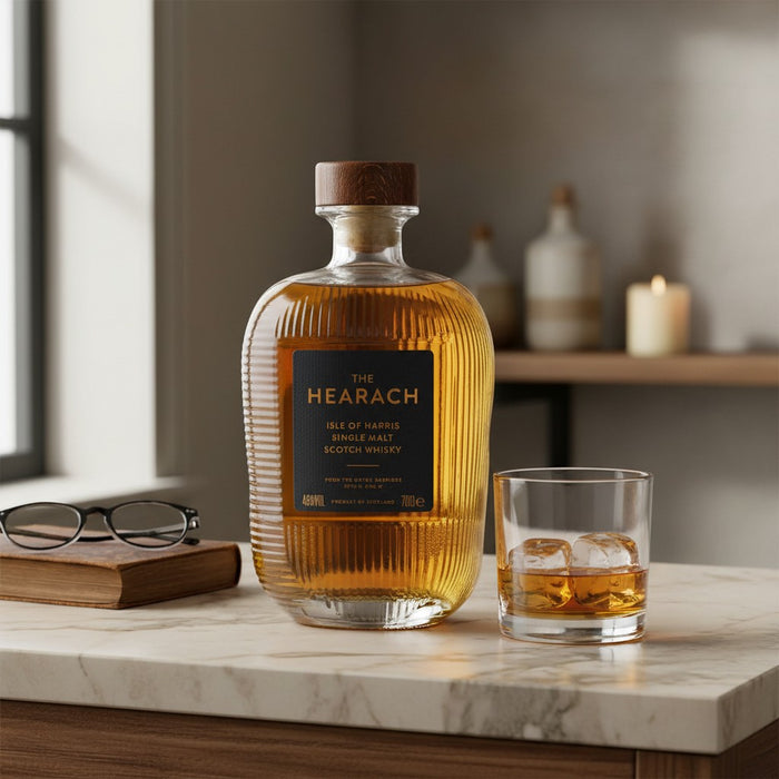 Bottle of The Hearach whisky on a marble surface with a glass of whisky and ice.