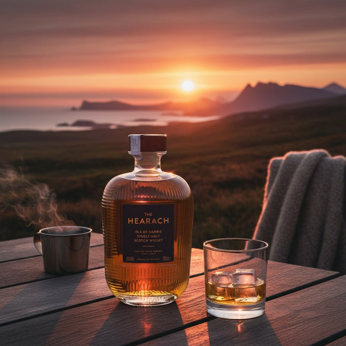 Bottle of The Hearach whisky with a glass on a wooden table during a sunset over a coastal landscape.