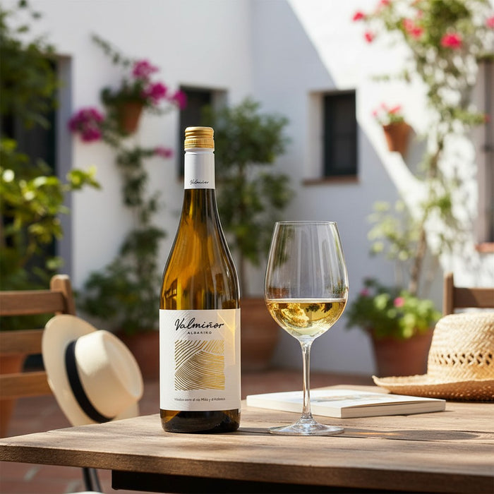 Wine bottle and glass on a table with a garden background