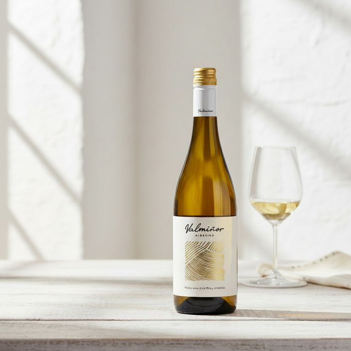 Bottle of Valmioner white wine with a glass on a light wooden surface.