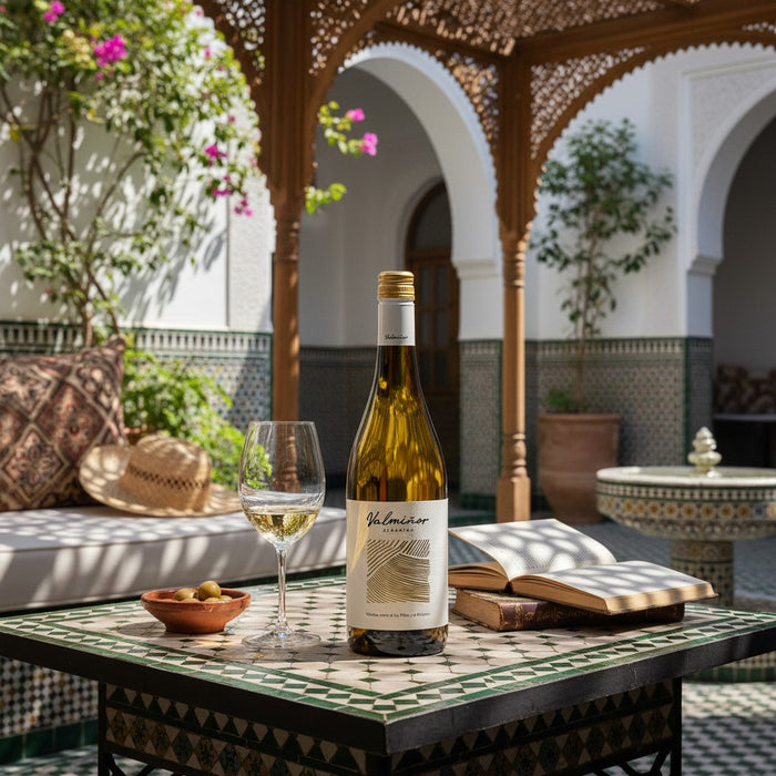 Bottle of Valmeinier white wine with a glass on a decorative table in an outdoor setting.