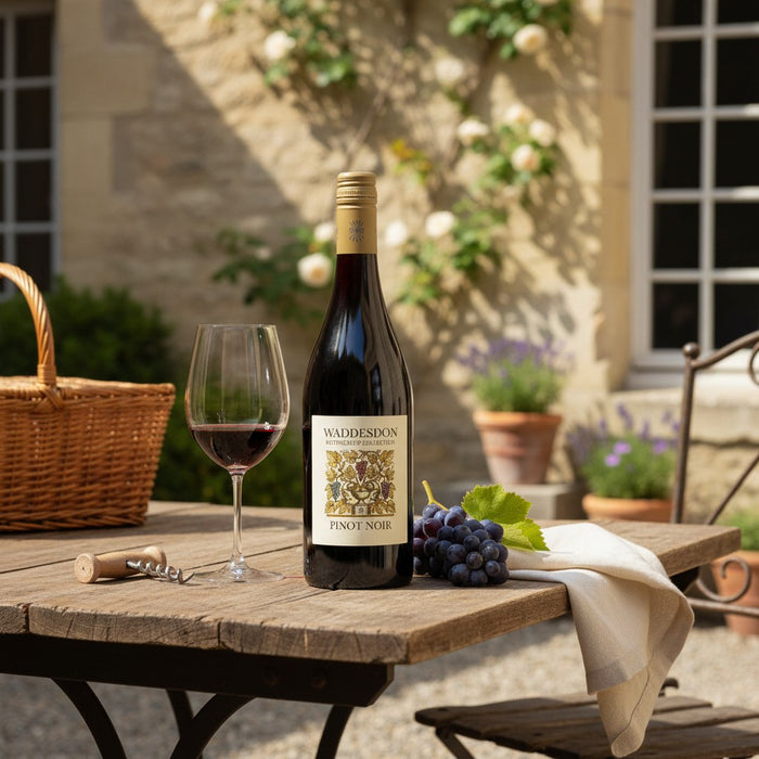 Waddesdon wine bottle with a glass of wine and grapes on a wooden table outdoors.