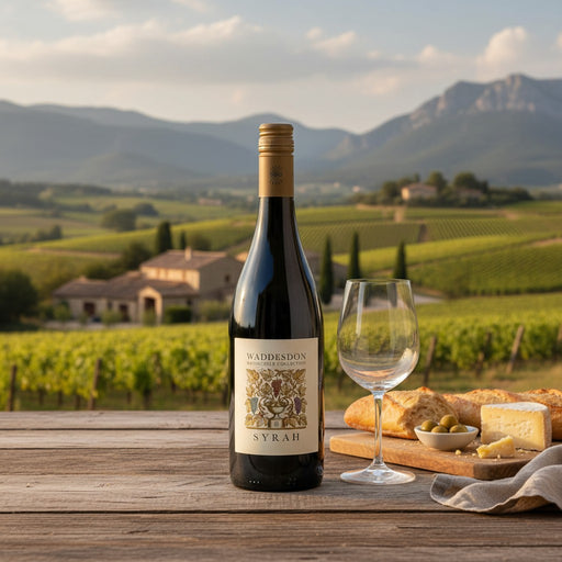 Waddesdon Syrah wine bottle with a glass and snacks on a wooden table with a vineyard background