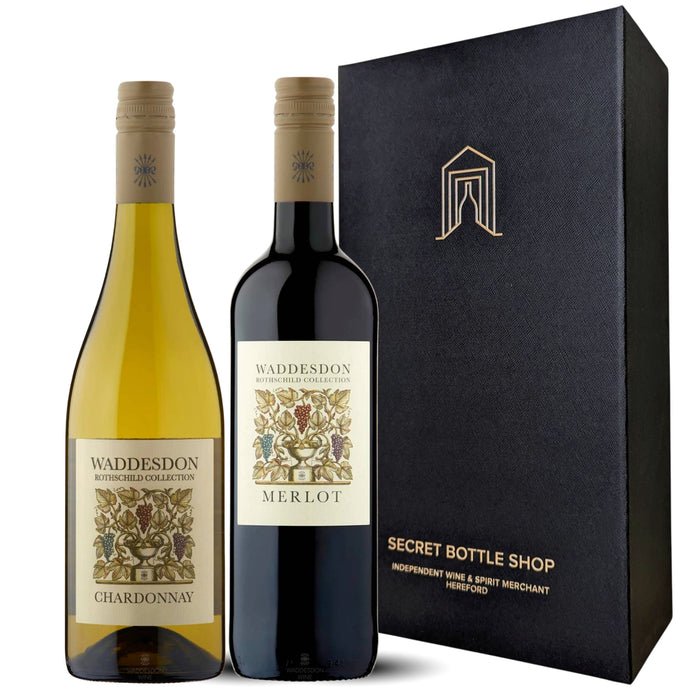 Two wine bottles, one white and one red, with their labels visible, next to a black box labeled 'Secret Bottle Shop'.