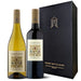 Two wine bottles, one white and one red, with their labels visible, next to a black box labeled 'Secret Bottle Shop'.