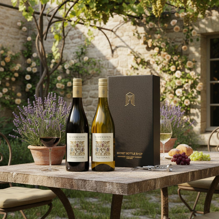 Two wine bottles and a gift box on a table outdoors with a stone building and flowers in the background.