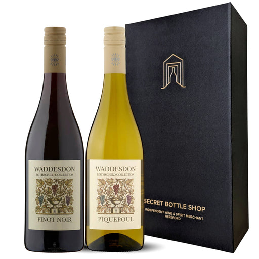 Two wine bottles, one red and one white, with a black gift box featuring a logo on a white background.