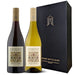 Two wine bottles, one red and one white, with a black gift box featuring a logo on a white background.