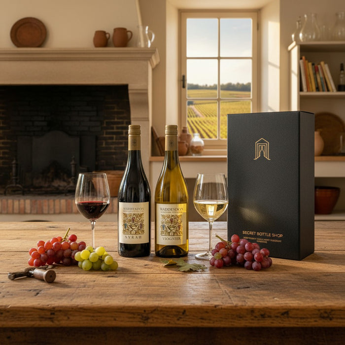 Two wine bottles with glasses and grapes on a wooden table in a cozy room with a fireplace and window view.