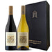 Two wine bottles, one red and one white, with a black box labeled 'Secret Bottle Shop' on a white background.