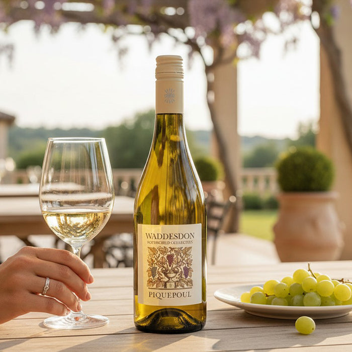 Waddesdon Piquepoul wine bottle with a glass of wine on a table outdoors.