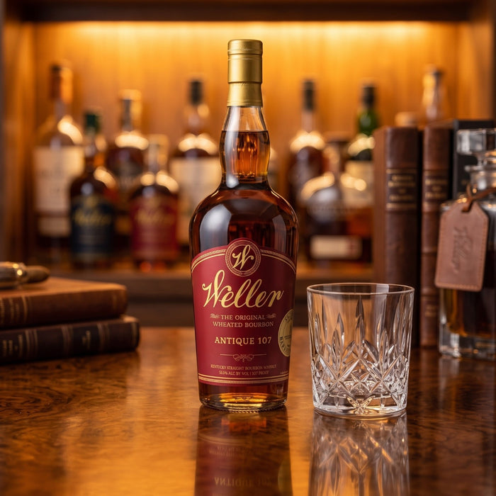A bottle of Weller Antique 107 whisky stands on a polished wooden bar counter next to a cut crystal whisky glass, with a blurred background of other bottles and books.
