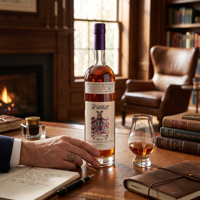 Bottle of Willett bourbon on a wooden table with a glass and a hand holding a pen, in a cozy room with a fireplace and books.