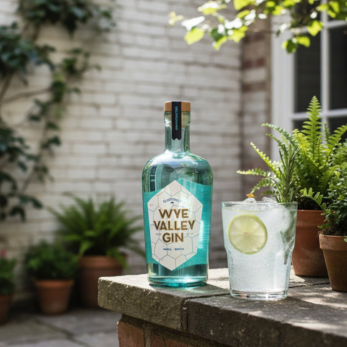 Wye Valley Gin bottle with a glass of gin and tonic on a stone ledge outdoors.