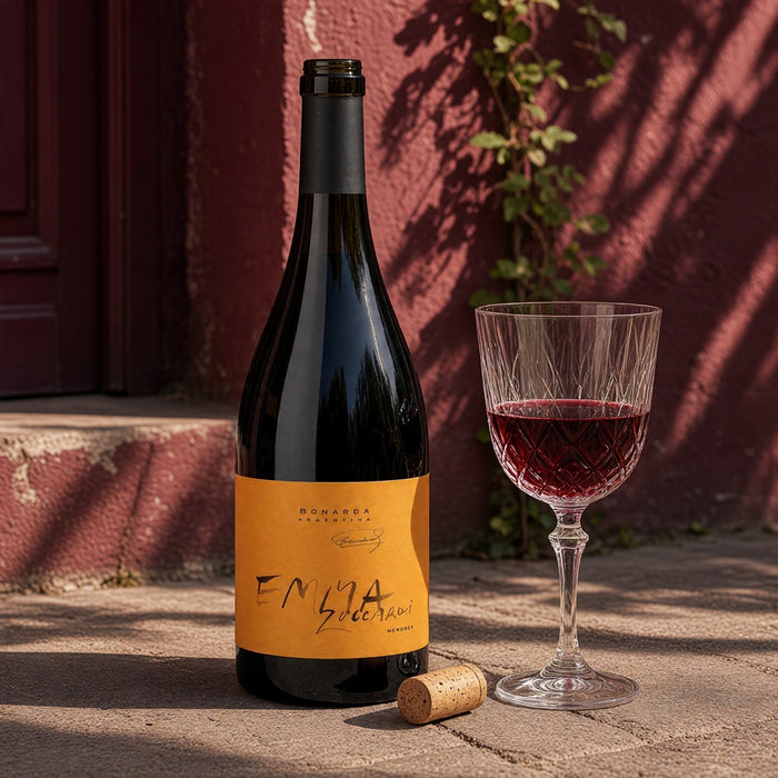 Zuccardi Emma Bonarda with a glass of red next to a striking red painted building