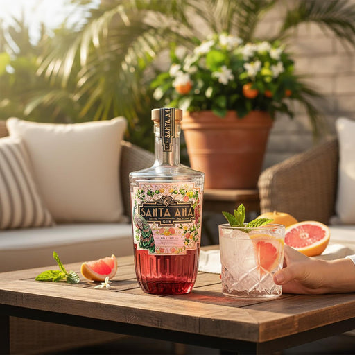 Bottle of Santa Ana gin with a cocktail
