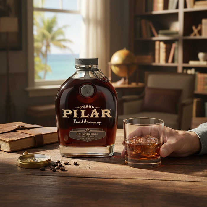 Bottle of Papa's Pilar Dark Rum on a wooden table with a glass