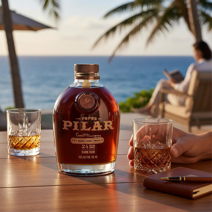 Papa's Pilar Rye Whiskey Barrel Finished Rum bottle with glasses on a table by the ocean