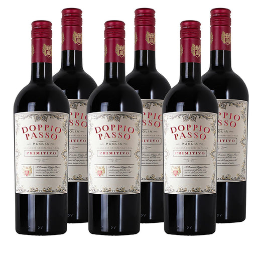 Six bottles of Doppio Passo Primitivo wine on a white background