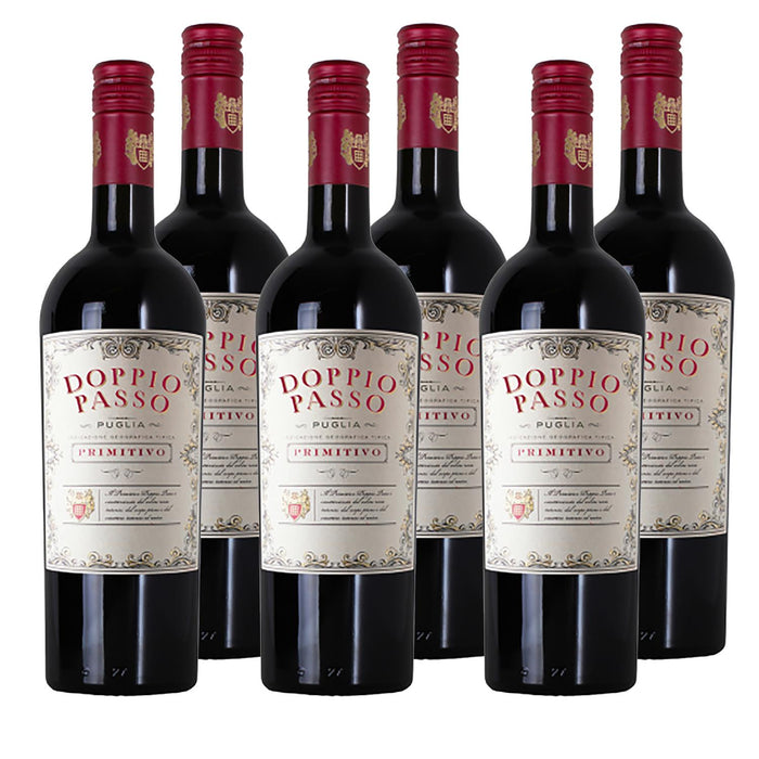 Six bottles of Doppio Passo Primitivo wine on a white background