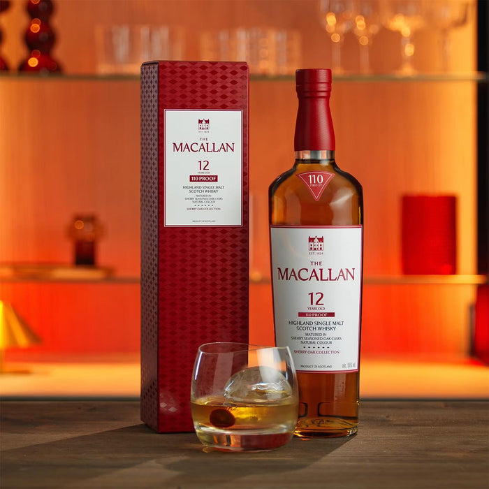 Macallan 12 Year Old Sherry Oak Cask 110 Proof Single Malt Whisky, Glass & Gift Box