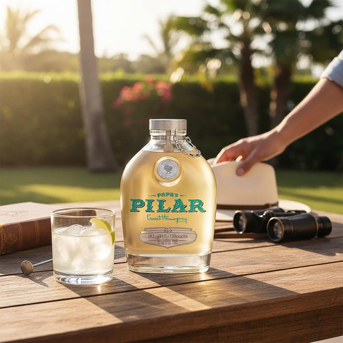 Papa's Pilar Rum bottle on a wooden table in garden with a glass of ice and lemon