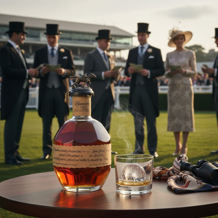 Blantons Original Single Barrel Bourbon with a glass at the races.
