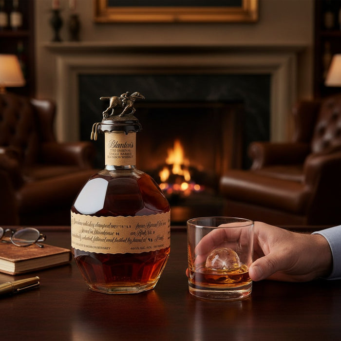 Blantons Original Single Barrel Bourbon with a glass.