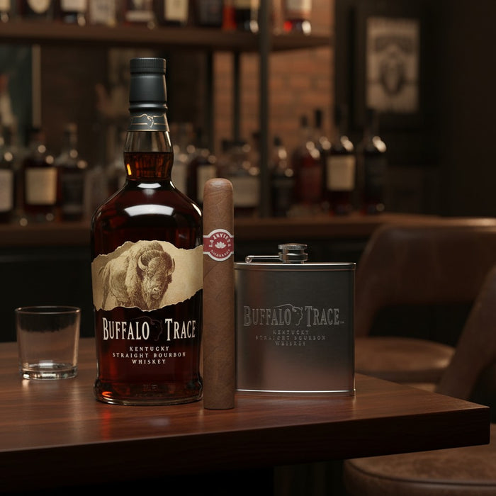 Buffalo Trace whiskey bottle with a cigar and flask on a bar counter.
