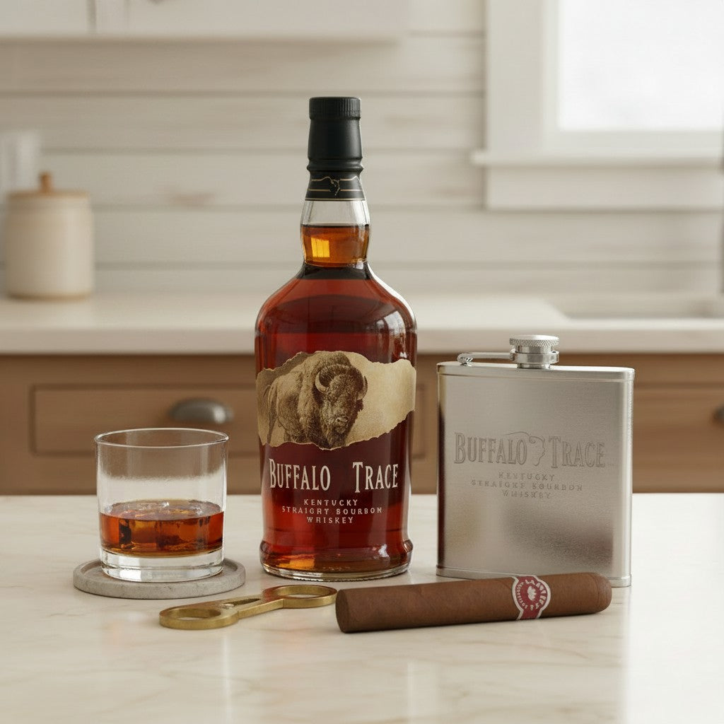 Buffalo Trace bourbon bottle with glass, flask, and cigar on a countertop.
