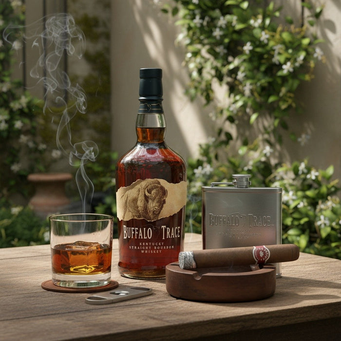 Buffalo Trace whiskey bottle with glass, flask, and smoking cigar on a wooden table outdoors.