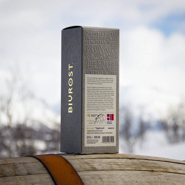 Gift Boxed Bivrost Yggdrasil Whisky 2025 Release On A Barrel In Norway