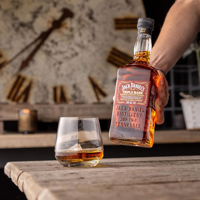 Jack Daniels Triple Mash Whiskey In Glass On The Rocks