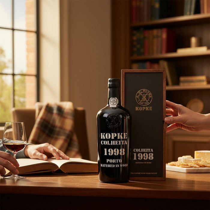 Couple Enjoying Kopke Colheita Port 1998 With Dessert