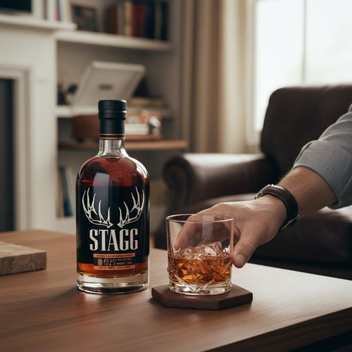 Bottle of Stagg whiskey & glass
