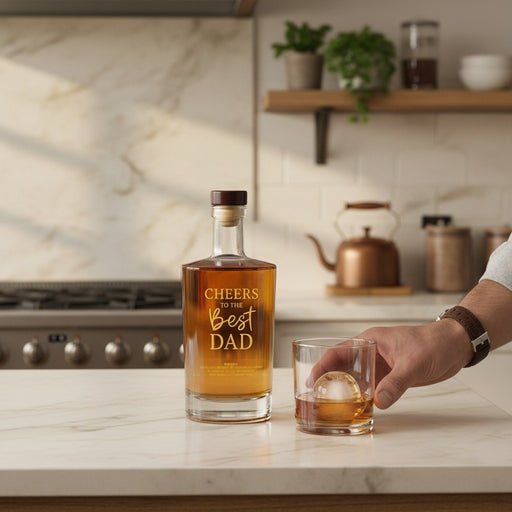 Bottle of Cheers To The Best Dad Engraved Whisky on a kitchen counter with a glass of whiskey.