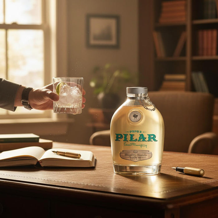 Papa's Pilar Blonde Rum on a table with a glass of ice and lime