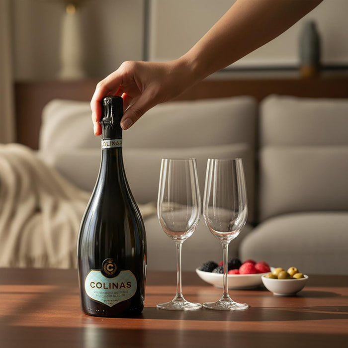 Colinas Blanc De Blancs Cuvee Reserve Brut with two glasses & nibbles