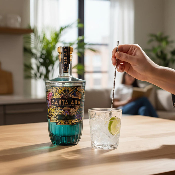 Bottle of Santa Ana Florale Gin with a cocktail glass